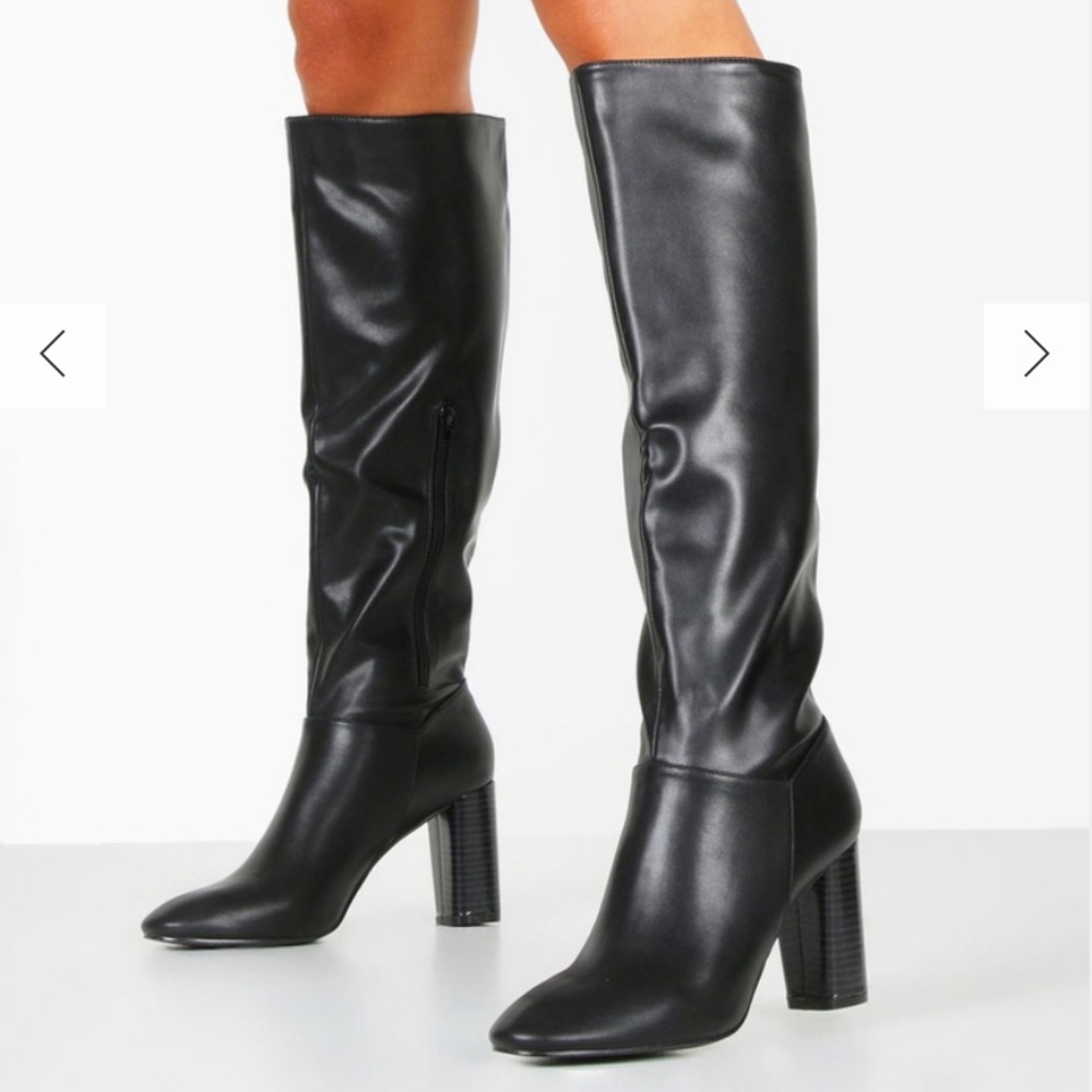 BOOHOO Block Heel Knee High Boots black leather SIZE 9